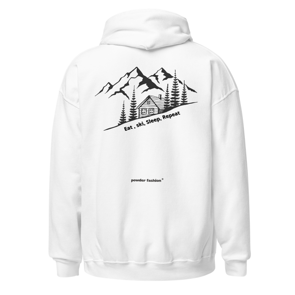 Eat • Ski • Sleep • Repeat Hoodie in White, back print