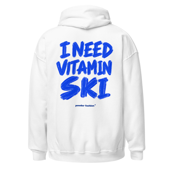I Need Vitamin Ski Hoodie in White, back print