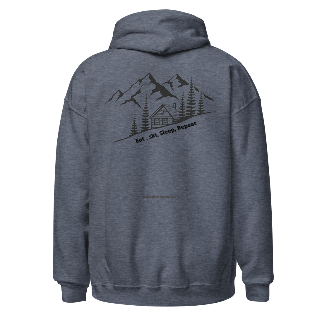 Eat • Ski • Sleep • Repeat Hoodie in Heather Sport Dark Navy, back print