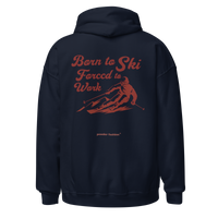 Born to Ski Forced to Work Hoodie in Navy, back print