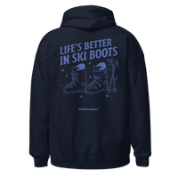 Life’s Better in Ski Boots Hoodie in Navy, back print