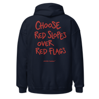 Choose Red Slopes Over Red Flags Hoodie in Navy, back print