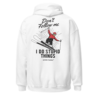 Don’t Follow Me I Do Stupid Things Hoodie in White, back print
