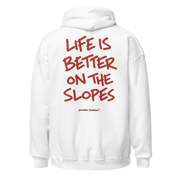 Life Is Better on the Slopes Hoodie in White, back print